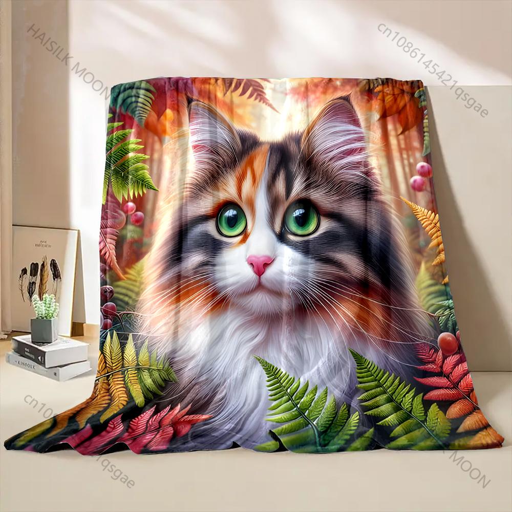 Calico Cat Surrounded By Leaves. Pattern Blanket Flannel Material Soft Warm for All Seasons, Home Outdoor Camping Picnics RV