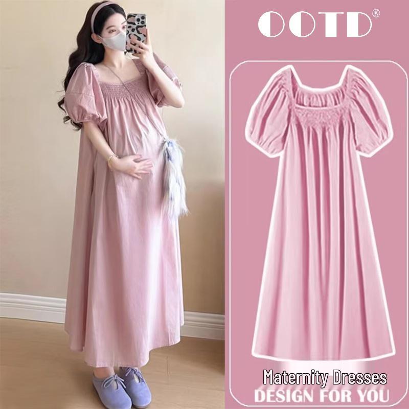2026 Summer Maternity Maxi Dress: Elegant Princess Style with Puff Sleeves XL