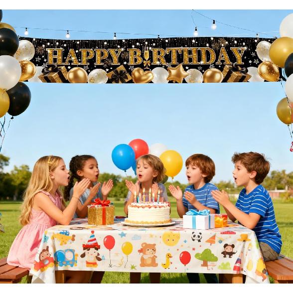 Black & Gold Glitter Birthday Banner - Elegant Balloon & Star Design with Sparkling Text, Premium Party Decor for Indoor/Outdoor Celebrations