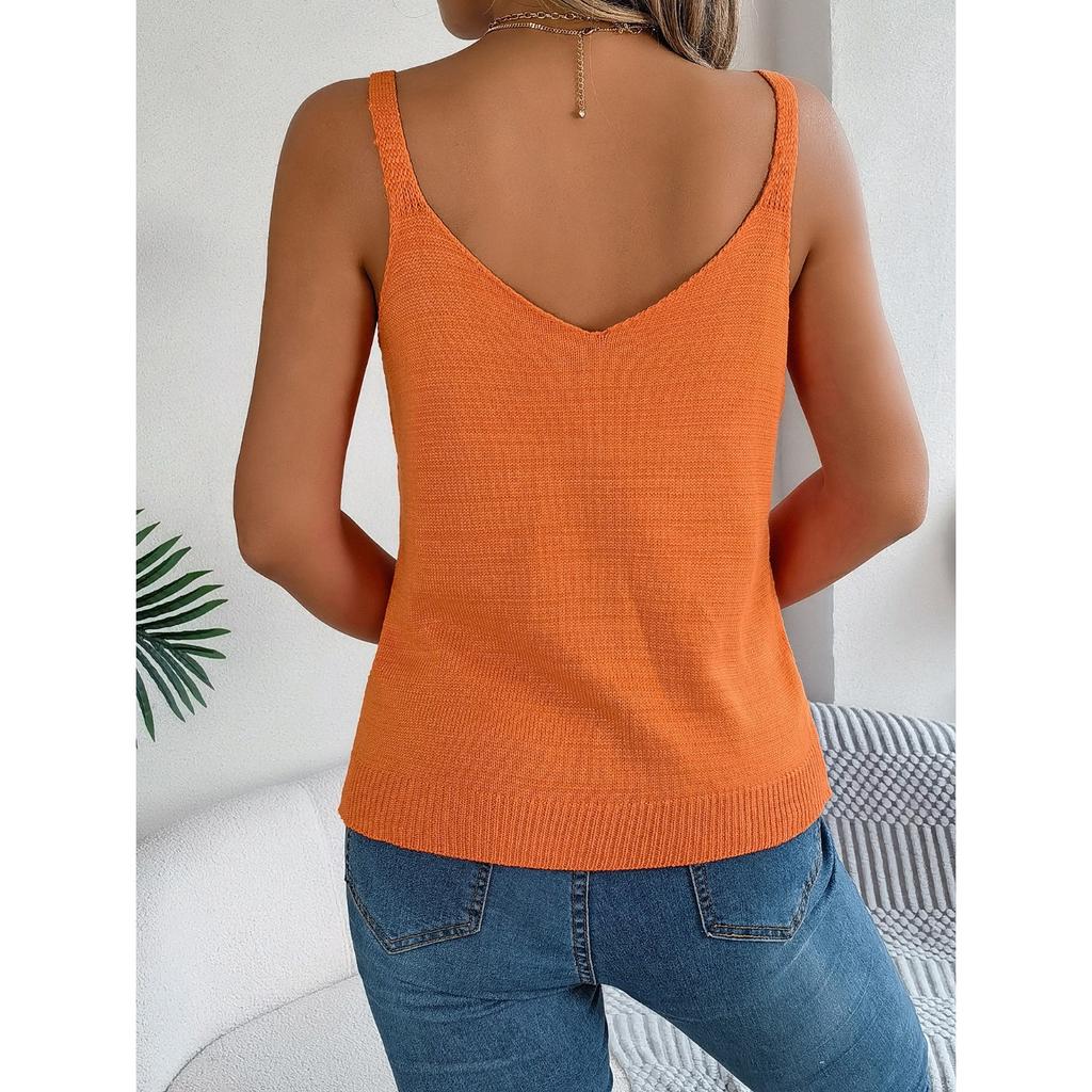 HNXC Spring Summer V-neck Hollowed-out Metal Buckle Halter Knitted Sweater for Vacation Women