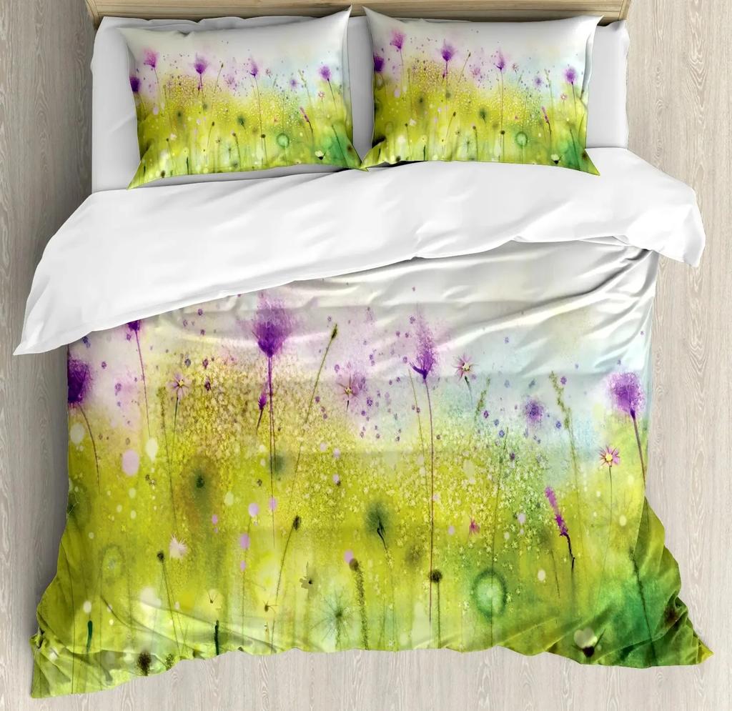 Bunte Blume Bettbezug Set,Abstrakt Efeu Romantische Landschaft Frühling Floral Kunst Natur Bettwäsche Set Doppelgröße,Türkis Lila