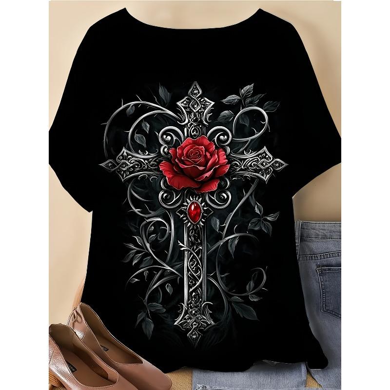 Европейские размеры Женская готическая футболка с цветочным принтом черного цвета с дизайном красной розы - Изготовлена из мягкой эластичной ткани для повседневной и официальной носки S чёрный