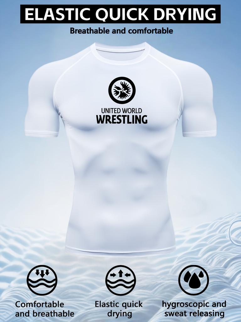 Men's White Compression T-Shirt with "United World Wrestling" Print, Elastic Quick Drying Breathable Wrestling & Gym Training Top