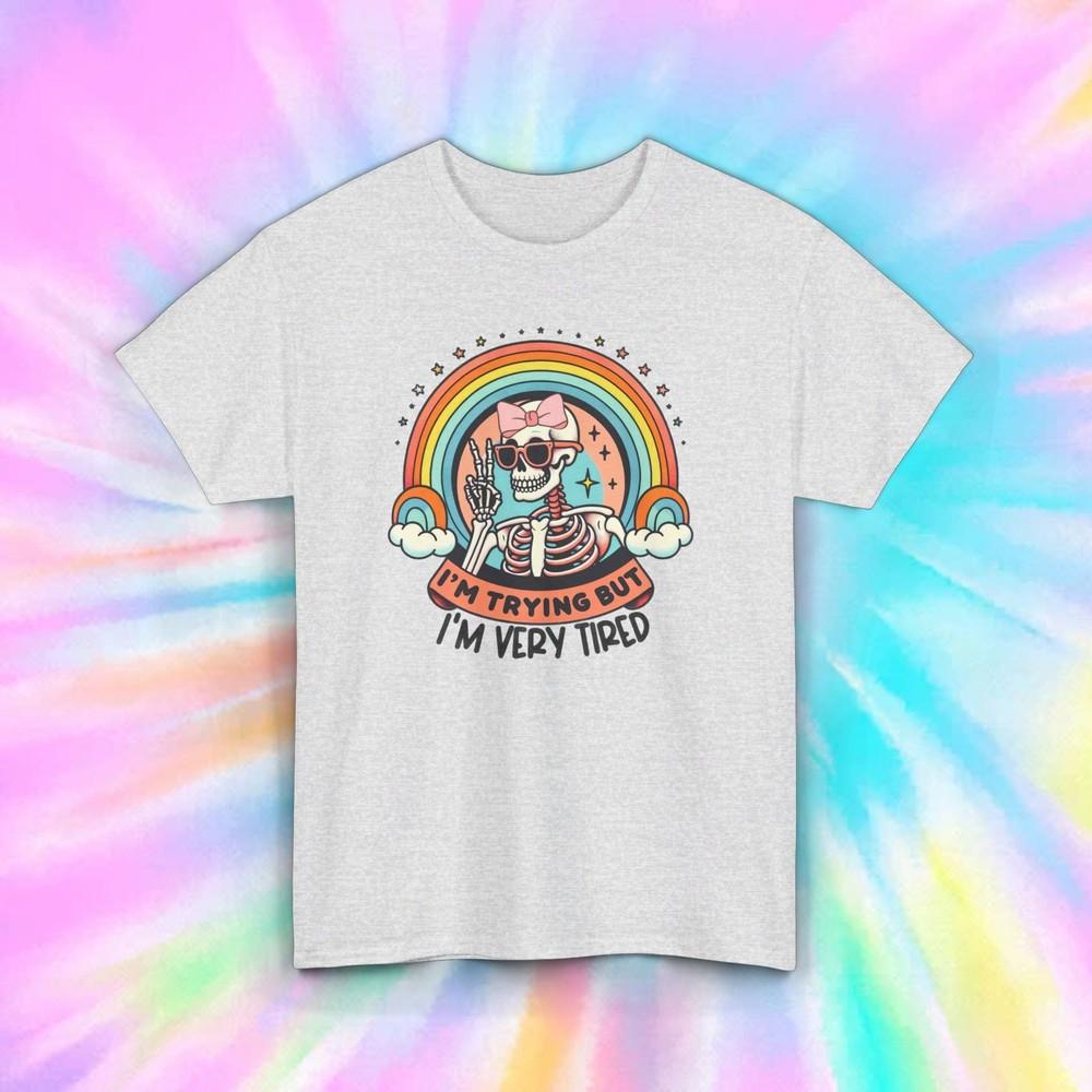 

I m Trying But I m Very Tired Shirt | Cute Cat Rainbow Tee | Funny Gift S-5XL 3XL