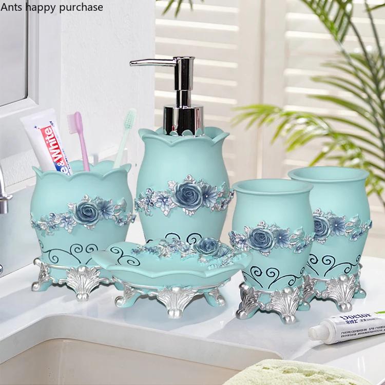Resin Bathroom Set Toiletries Bathroom 5-piece Set with Rectangular Tray Lotion Bottle Toothbrush Holder Mouth Cup Soap Dish