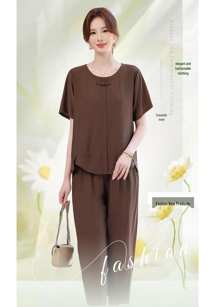 Plus Size Summer Two-Piece Set for Mothers - Loose, Short Sleeve, National Style Fashion for Middle-Aged & Elderly Women