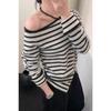 Elegant Loose Slanted Shoulder Knitted Pullover Striped Sweater Casual Gentle Autumn Women Fashion Long Sleeve Tops Loose Casual Office Thin Clothing