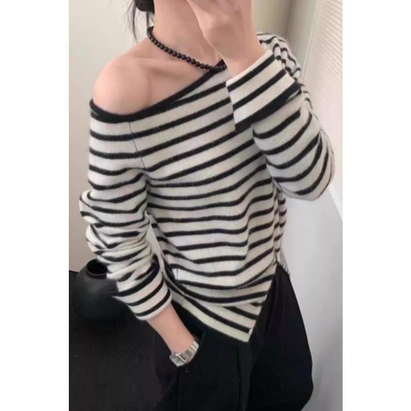 Elegant Loose Slanted Shoulder Knitted Pullover Striped Sweater Casual Gentle Autumn Women Fashion Long Sleeve Tops Loose Casual Office Thin Clothing