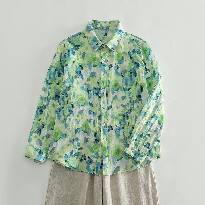 2025 Spring Green Floral Lapel Shirt for Women – Lightweight, Versatile & Loose Fit