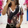 Women Plus Size V Neck Cold Shoulder Short Sleeve Red Rose Hourglass Printed Top