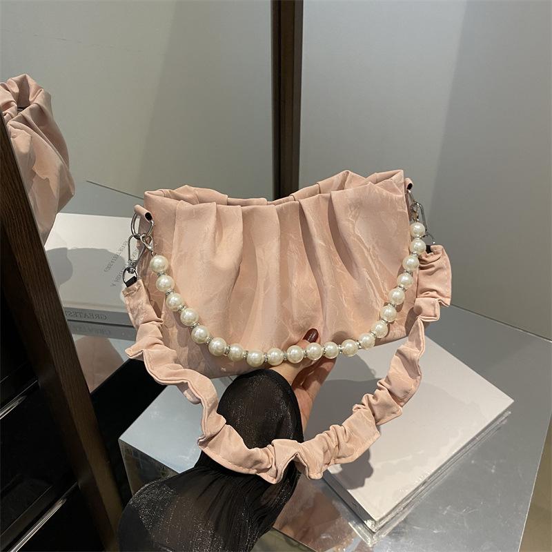 New French Niche Design Beaded Chain Handbag Bag 2025 Pleated Underarm Bag Versatile Shoulder Messenger Bag