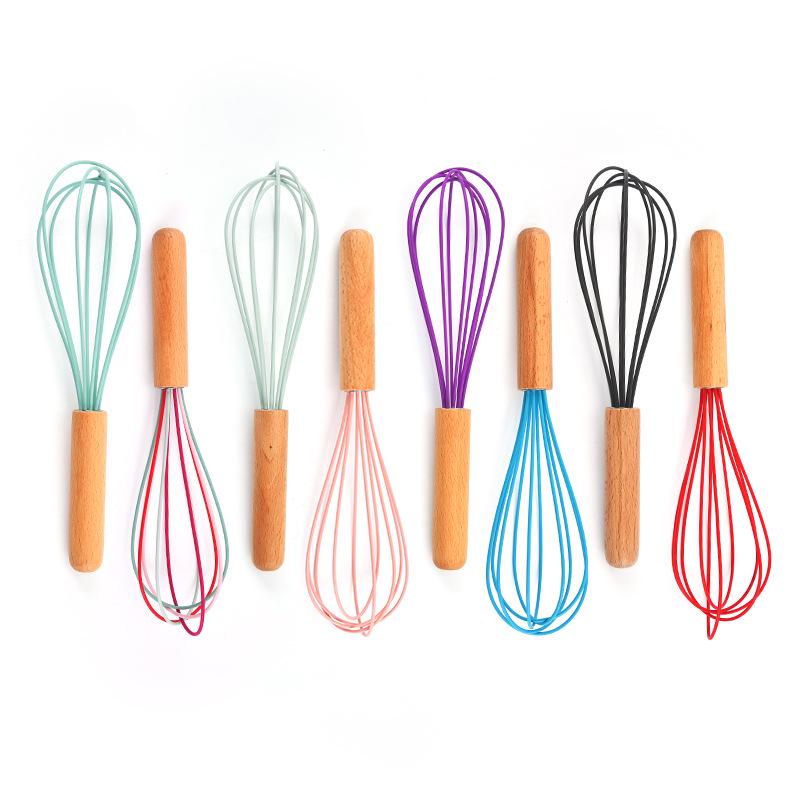 Silicone Whisk with Wooden Handle - Manual Milk Frother & Egg Beater