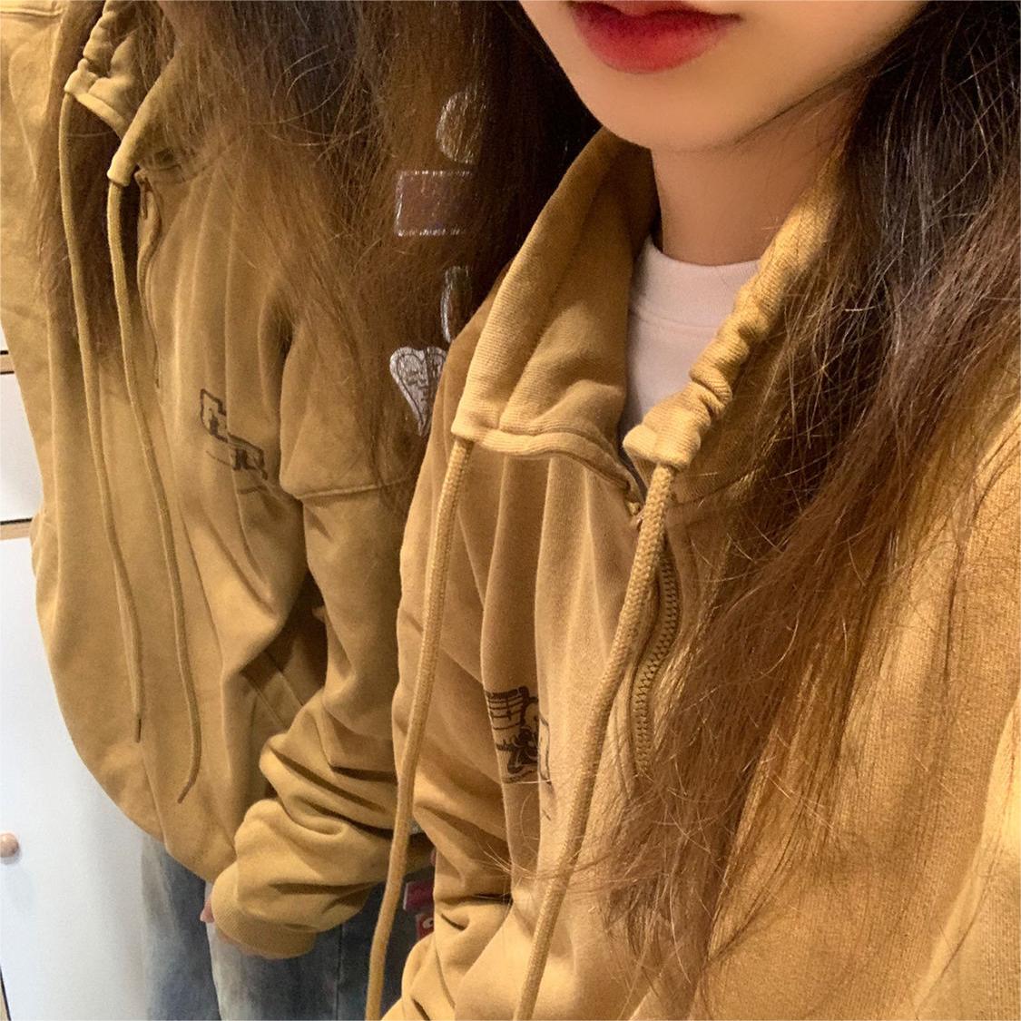 

Женская толстовка с капюшоном в гонконгском стиле на молнии с полувысоким вырезом INS супер горячий дизайн, нишевая свободная куртка