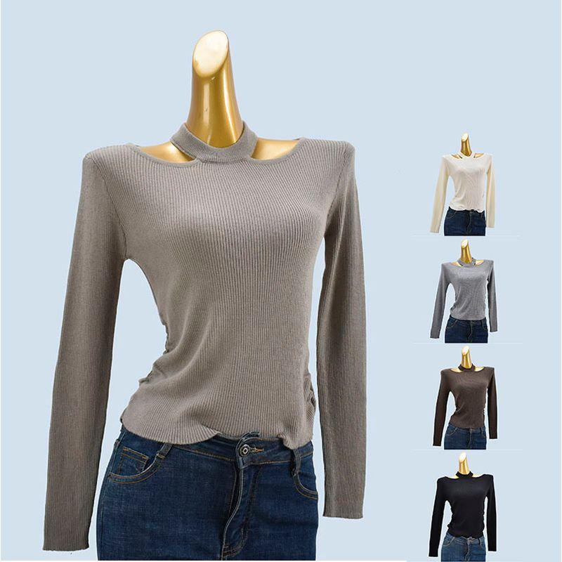 Sexy Halterneck Long-Sleeved Knitwear Six Wool Women's Stylish Western Style off-Shoulder Inner Wear Outer Wear Base Tops