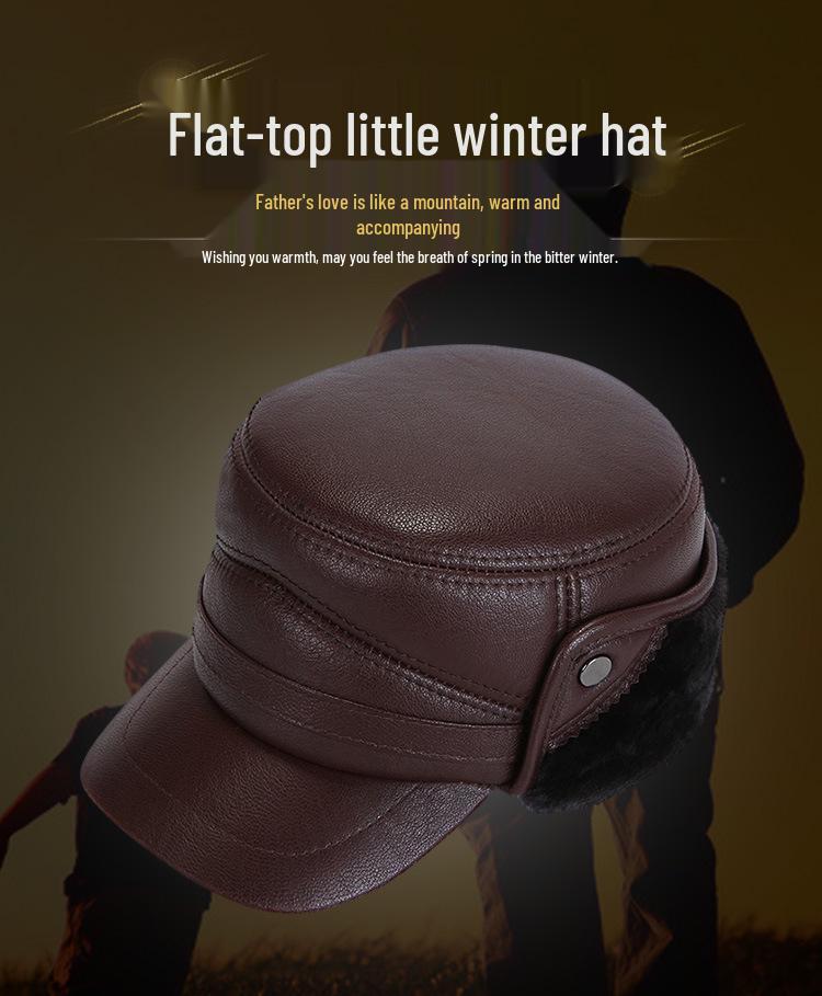 Men's Winter Cowhide Sheepskin Leather Hat - Thick, Warm Lei Feng Style for Middle-aged & Elderly