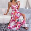 Frauen Frühling Sommer Blume Ärmelloses Aushöhlen Strap Lange Urlaub Strand Kleid
