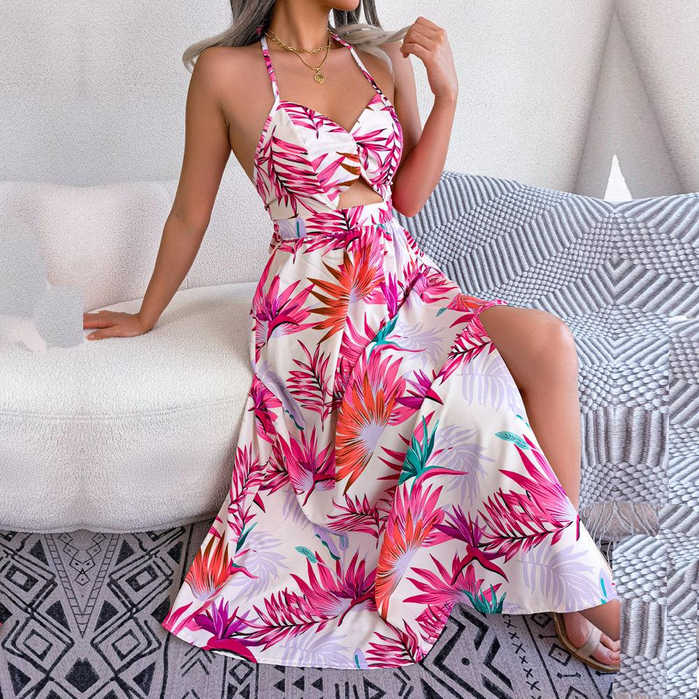 Frauen Frühling Sommer Blume Ärmelloses Aushöhlen Strap Lange Urlaub Strand Kleid