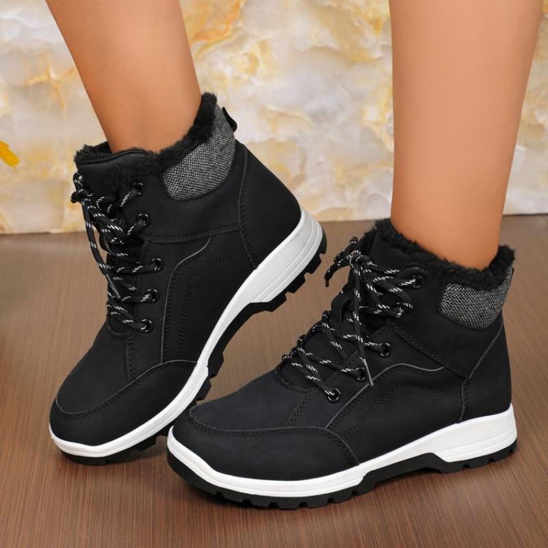 Winter New Cotton Boots Women's Fashion Round Head Front Lace-up Splicing and Fleece Thickened Comfortable Flat Ankle Boots