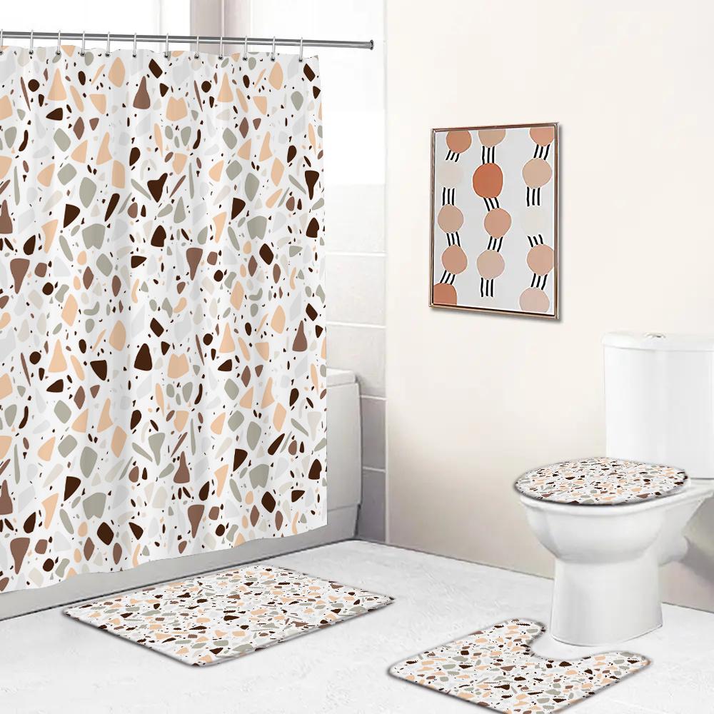 Small Fresh Mosaic Marble Printed Bathroom Curtain Shower Curtains With Hooks Non-Slip Carpet Toilet Lid Cover Bath Mats Rugs