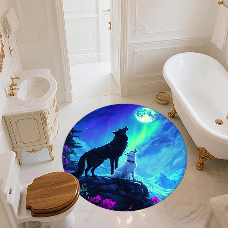 Moon Wolf,Round Area Rug,Carpet Rug for Living Room Bedroom Sofa Playroom Decor,Non-slip Floor Mat