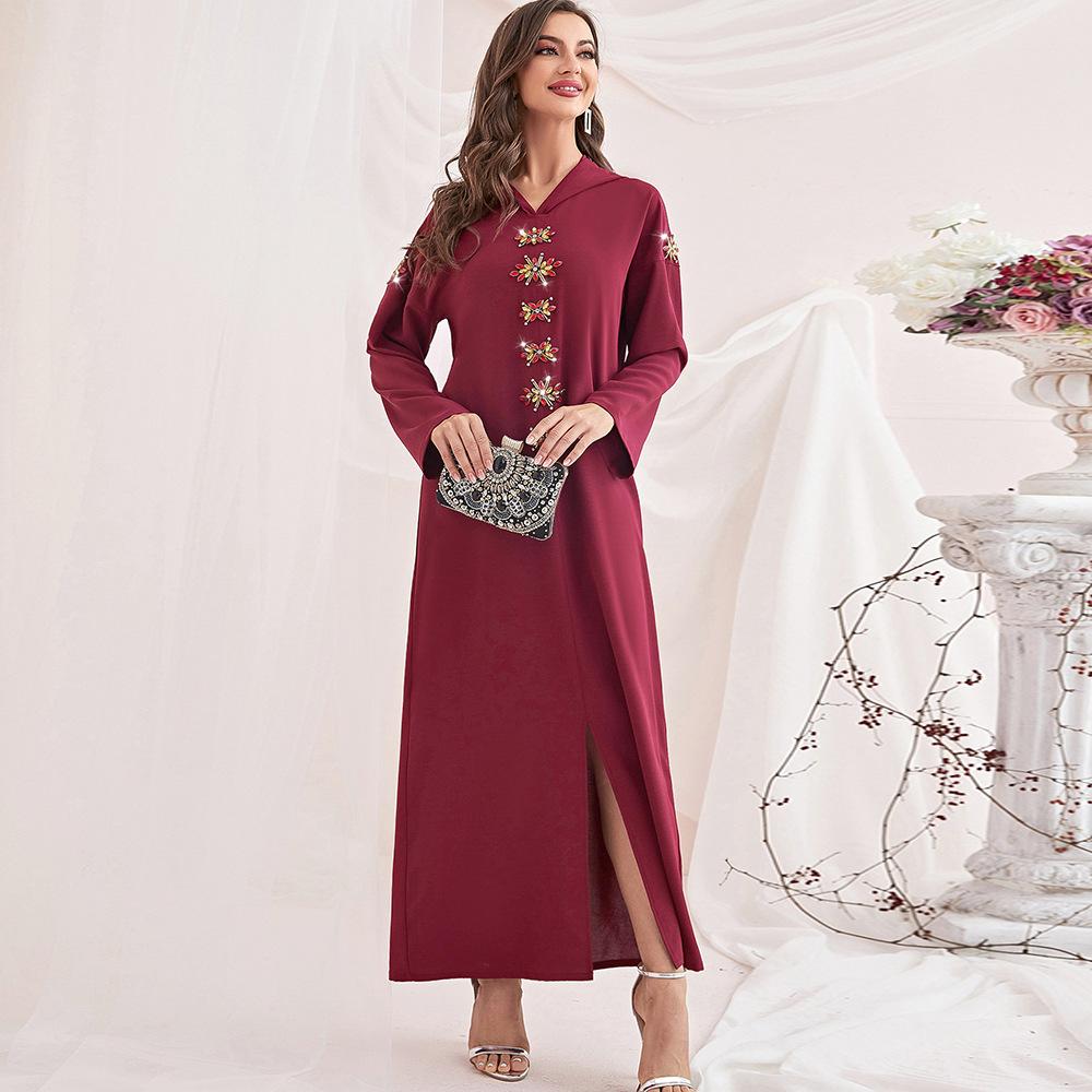 Blau-graue handgefertigte Diamant-Kapuzenrobe für muslimische Frauen