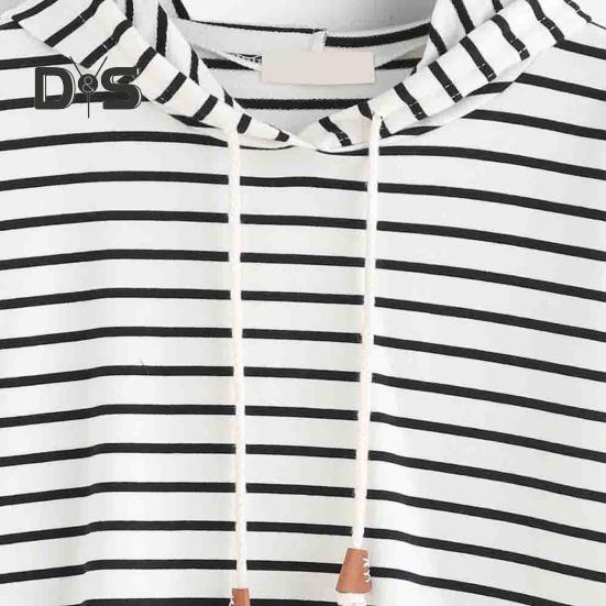 Women Autumn Hoodie Striped Print Contrast Color Drawstring Irregular Hem Long Sleeve Hooded Loose Pullover Casual Soft Lady Spring Sweatshirt