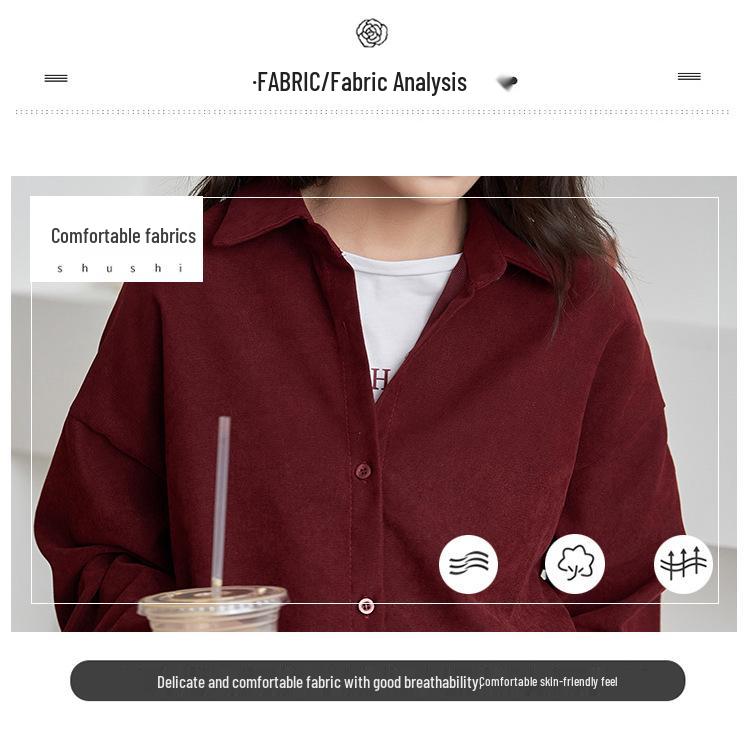 Women's Retro Wine Red Brushed Plush Long-Sleeve Shirt Jacket for Layering