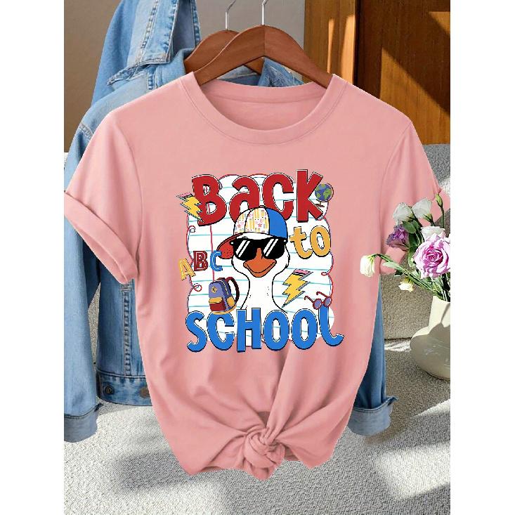 Back-to-School Season Fashionable and elegant style BACK TO SCHOOL Patterned Print Round Neck Short Sleeve T Women's shirts for spring