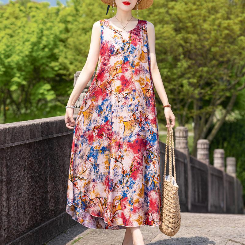 Elegant Sleeveless Dress Summer Fashion Casual Loose Vintage Print Long Dresses for Women Summer Clothes