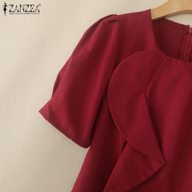 ZANZEA Women Elegant Round Neck Casual Short Sleeve Solid Blouse