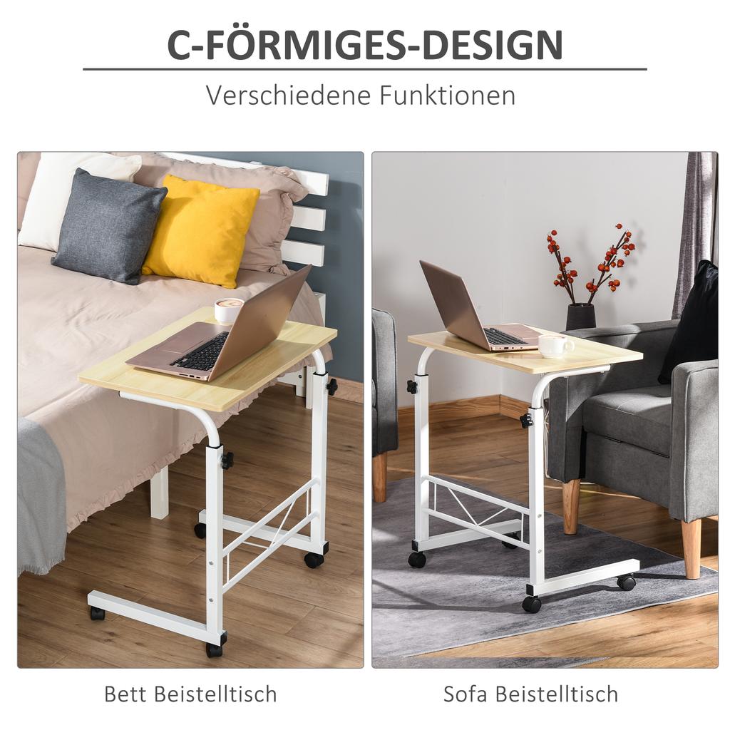 Side Table Height-Adjustable Coffee Table Mobile End Table with Wheels Locking Brakes C-Table Particleboard Steel Iron Plastic White Maple Color 60 x