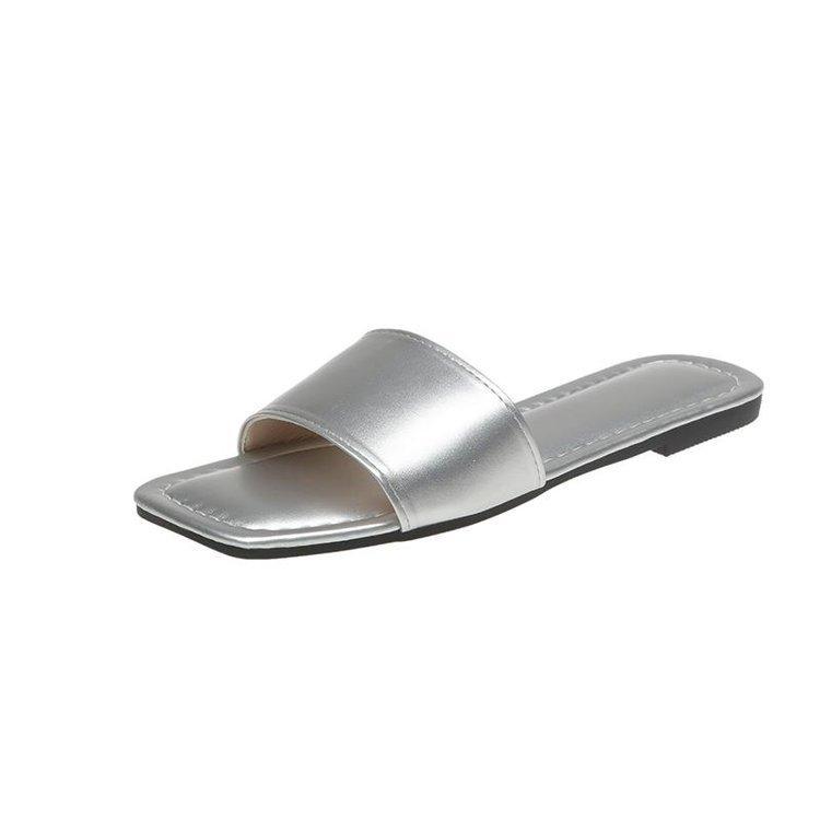 Flat-bottomed slippers women's summer outer wear new summer square head one-word drag large size cool slippers factory