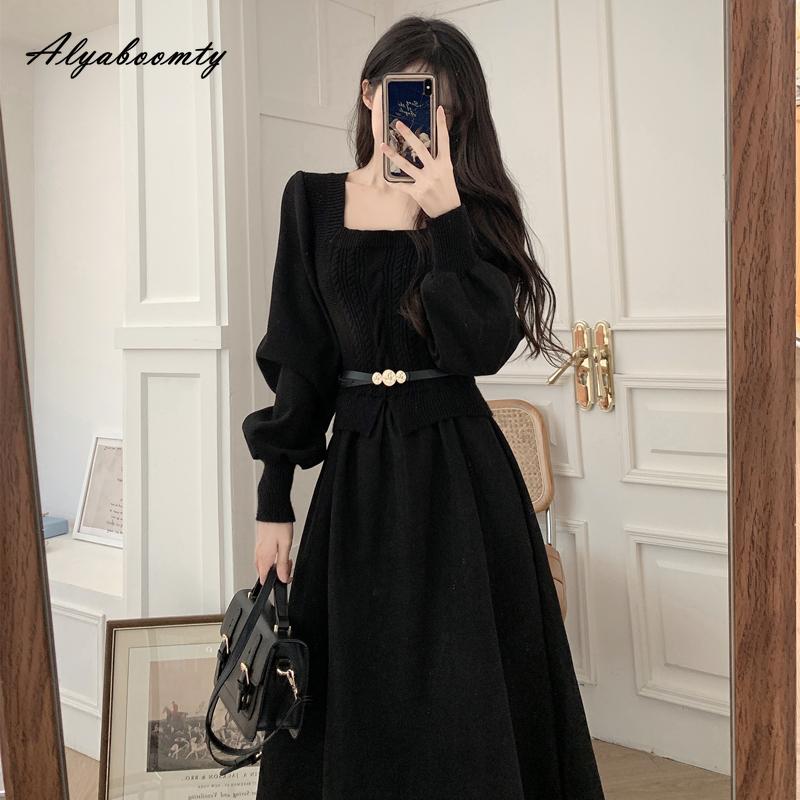 Podzimní Zimní Dámské Midi Šaty v Korejském Stylu Čtvercový Límec Pletenina Patchwork Ležérní Volné Šaty s Páskem Elegantní Ženské Vintage Šaty