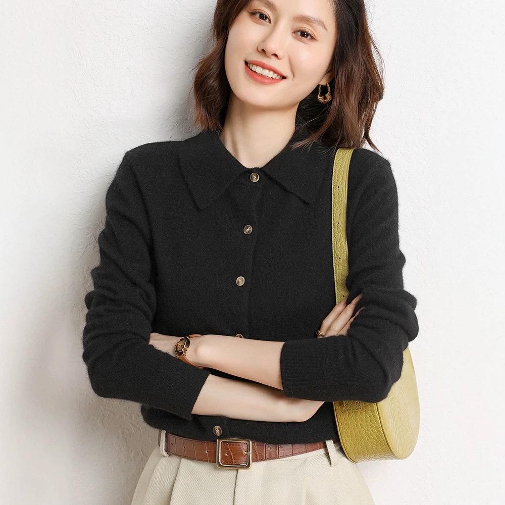 Women's Polo Collar Cashmere Cardigan - Elegant Lapel Sweater, Fashionable and Versatile Knit Top