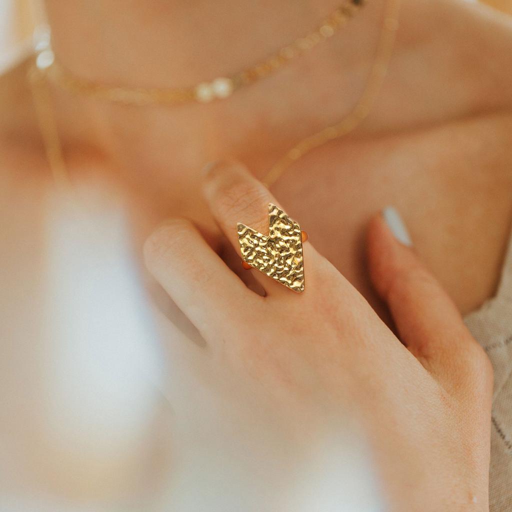 Golden Plated Hammered Arrow-Shaped Open Adjustable Ring for Women Abstract Statement Jewelry Gift
