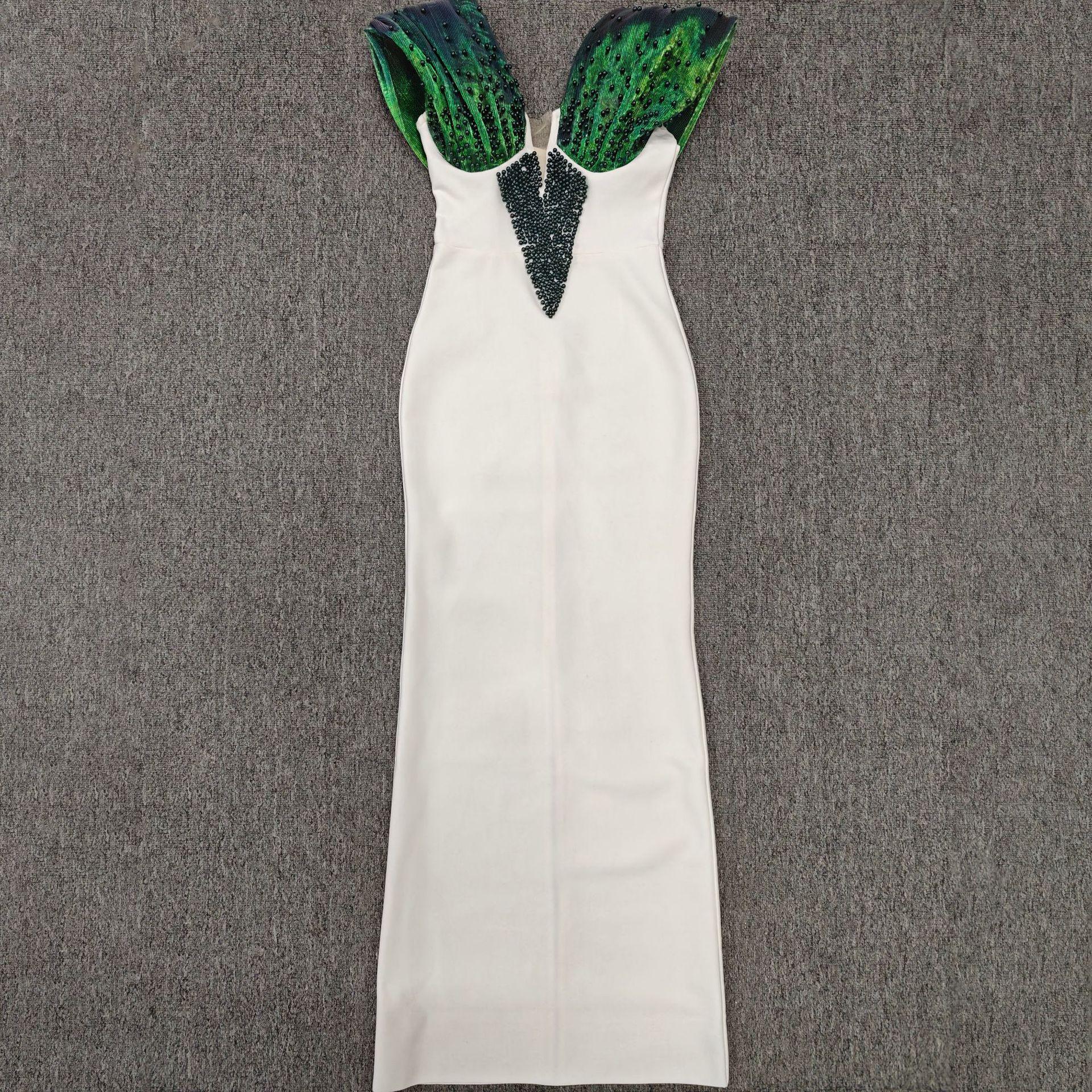 

2025 Элегантное французское вечернее платье с бисером и жемчугом на бретелях-бинтах Extra Large белый/темно-зеленого