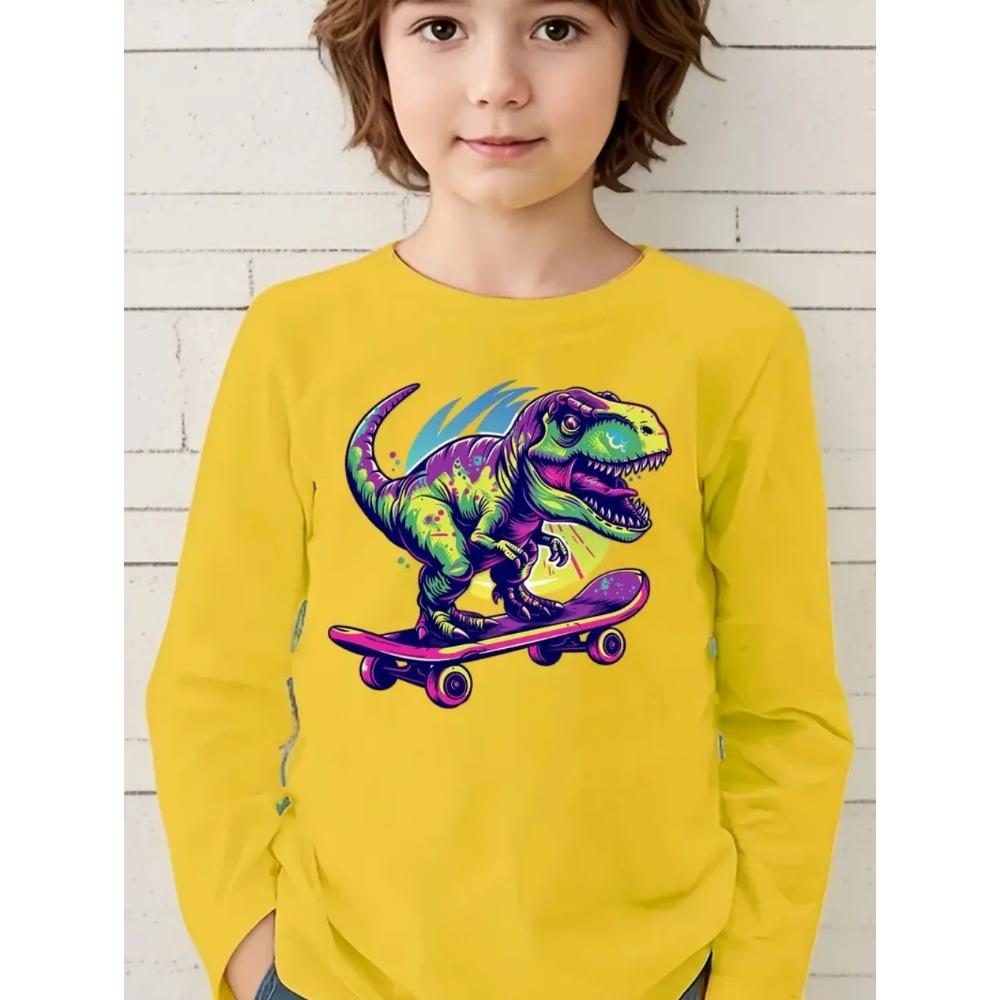 Spring and Autumn Round Neck Funny Cartoon Dinosaurs Pattern 3D Printed Top Fashionable Casual Long Sleeved Children's Boy T-shirts