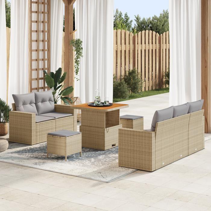 Ensemble de Canapés de Jardin de 8 pièces avec Coussins Beige en Rotin Poly Acacia, Ensemble de Salle à Manger de Jardin 3363507