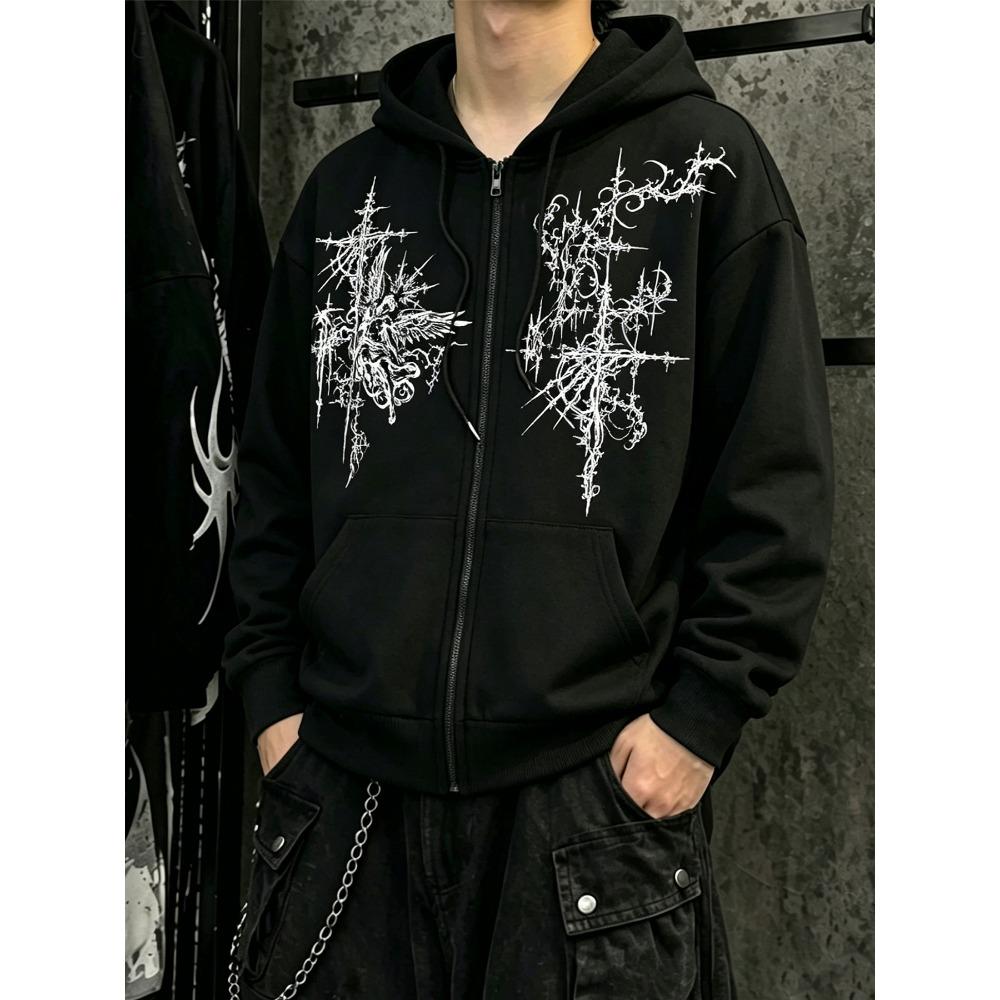 Fashionable Street Fashion Brand Dark Thorn Abstract Print Hoodie Loose and Versatile Couple Zipper Sweatshirt Jacket