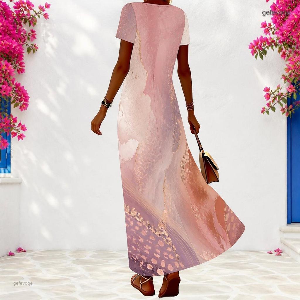 Women Plus Size V Neck Short Sleeve Blue Gold Printed Long Maxi Dress