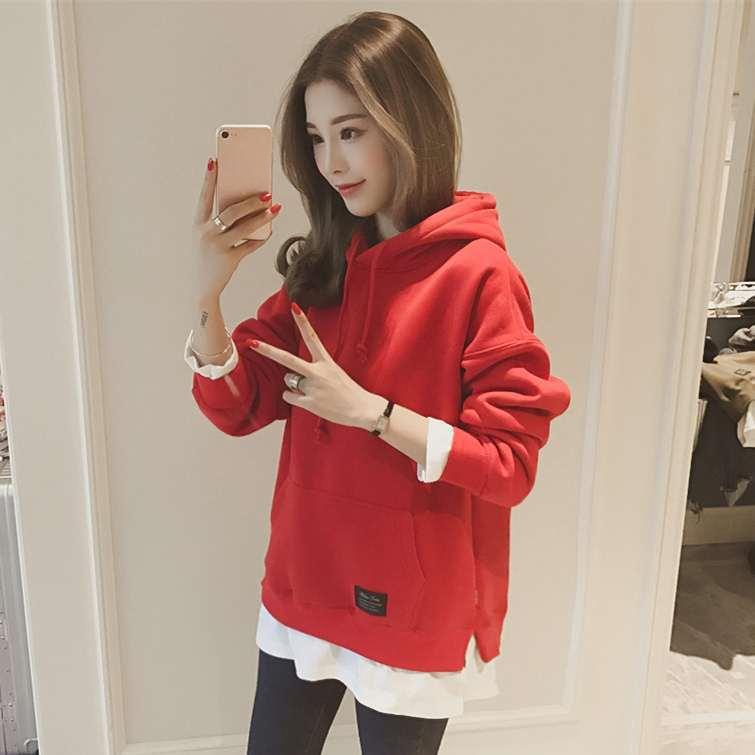 Women Warm Soft Hoodies Fake Two-piece Jacket Fall and Winter Thickened Hooded Simple Literary Long-sleeved Women's Clothing