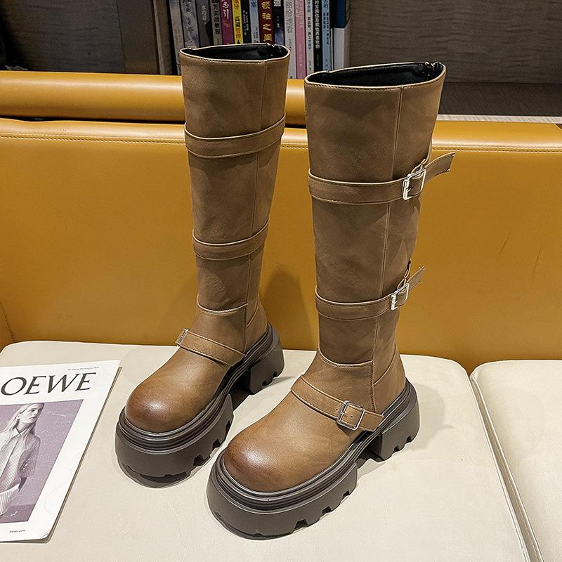 

Ретро классические модные ботинки на платформе женские 2025 осень и зима новый темперамент маленький рост и стройность рыцарские ботинки 35 коричневый