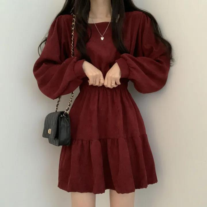European & American Style Pleated Square Collar High Waist Retro Dress