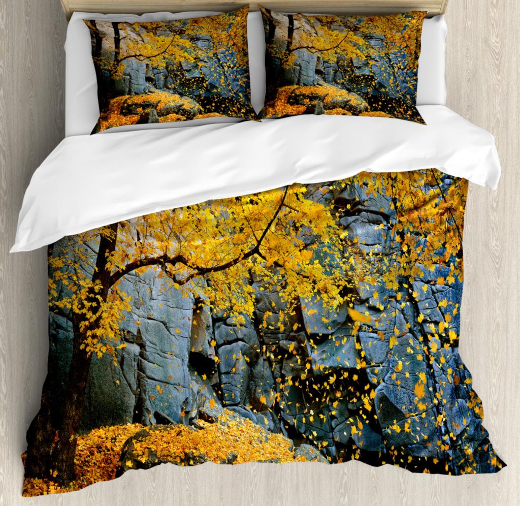 Leaves Duvet Cover Set Fall Season Canadian Maple Leaf Natural Plant Gold King Queen Size for Kid Boy Girl Polyester Bedding Set