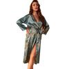 Women's Long Sleeve Faux Silk Tie-Up Bathrobe