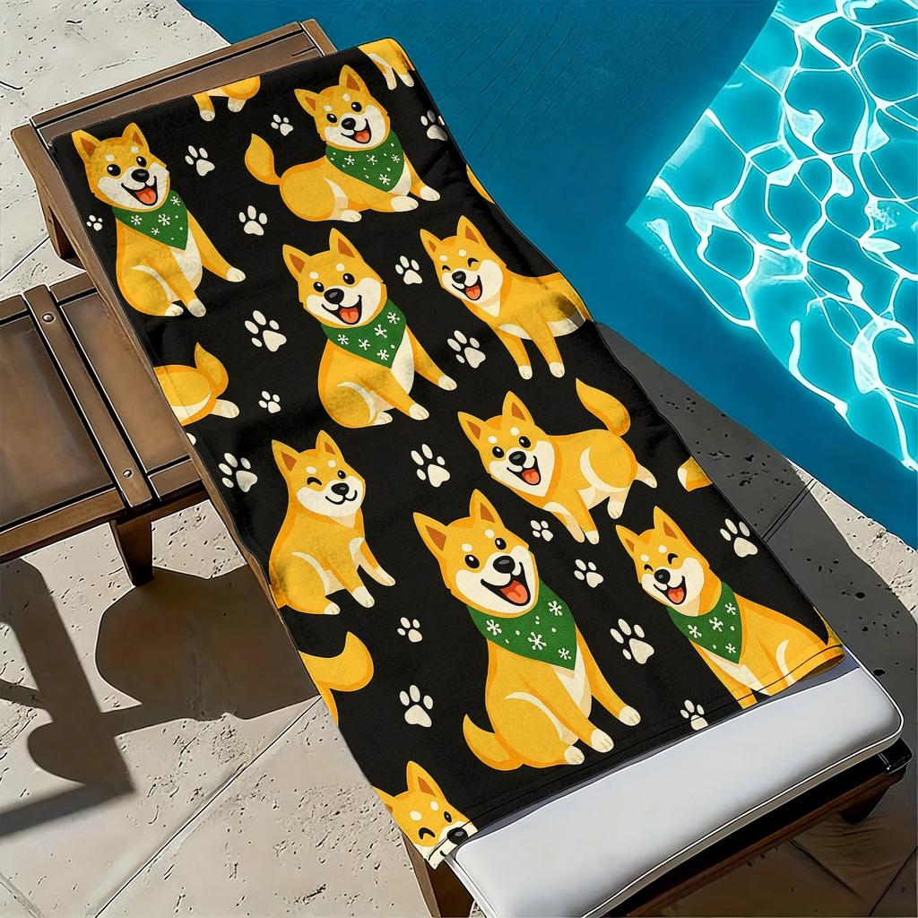 1PC Cute Shiba Inu Soft Beach Towel, Cartoon Paw Print Pattern, Perfect Christmas Gift for Friends Outdoor Holiday Use