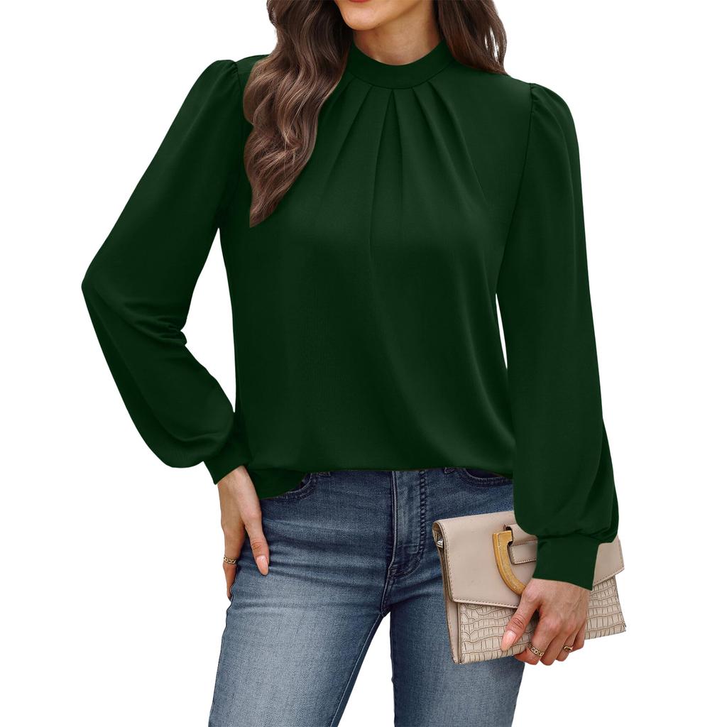 Women's Casual Long Sleeve Stand Collar Pleated Shirt