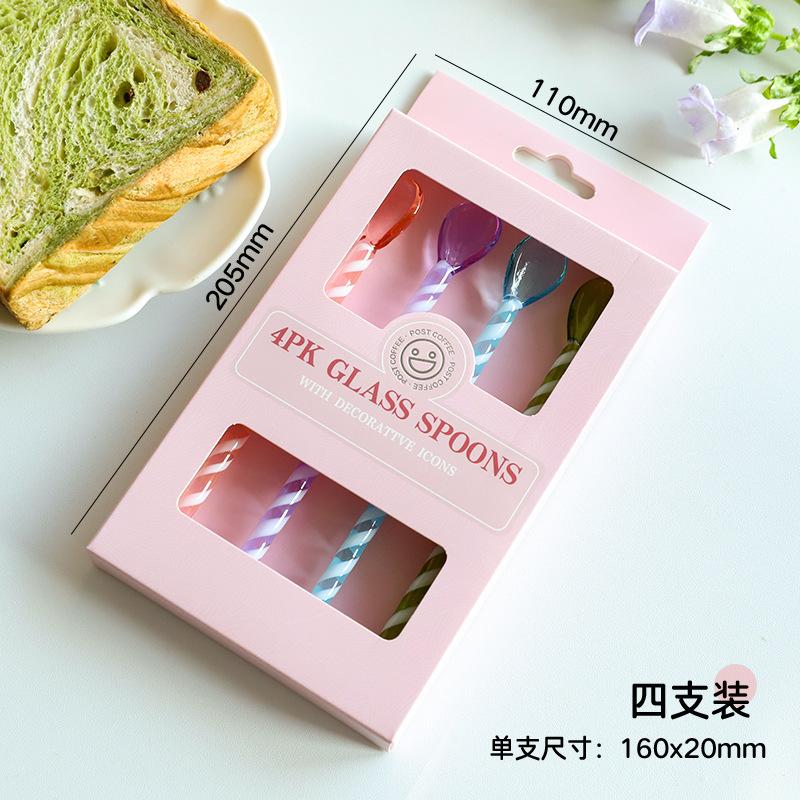 Colorful Glass Jade Spoon Set, Heat-Resistant Borosilicate Glass, 4-Piece, Pink Gift Box, Long Handle Round Stirring Spoons