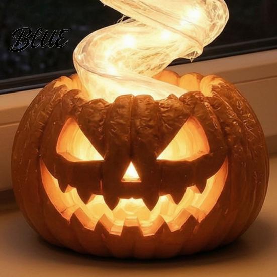 Glowing Tabletop Figures Ghost Pumpkin Yard Lamp Halloween Resin Figurine with Warm LED Light Battery Operated Glow Ornaments Spooky Swirling
