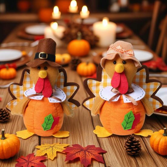 Seasonal Indoor Ornament Thanksgiving Plush Turkey Doll, Stuffed Animal Figurine, Autumn Soft Plushie Harvest Tabletop Decoration for Home Desktop